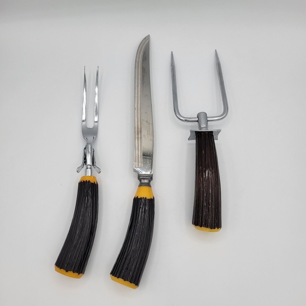 Burns 3 Piece Carving Set Stag Horn Style Handles Vintage Kitchen Accessories